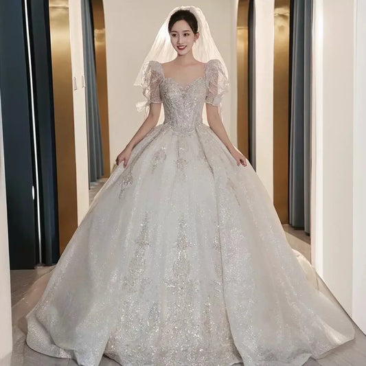 High End Ball Gown Women Sequins Short Sleeves