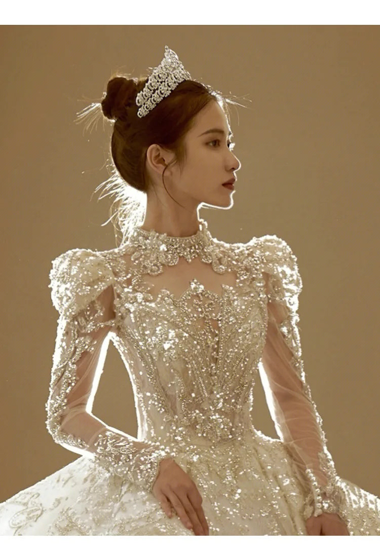 Bridal veil Long Sleeve shining sequin trailing French Luxury gown