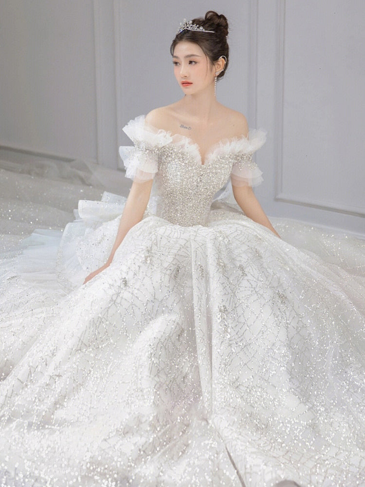 Luxury Wedding Dress Off The Shoulder Bridal Dress Lace Applique  Custom Made