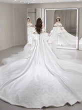 Load image into Gallery viewer, Boat Neck Satin Sweep Train Princess Wedding Gown Lace Embroidery
