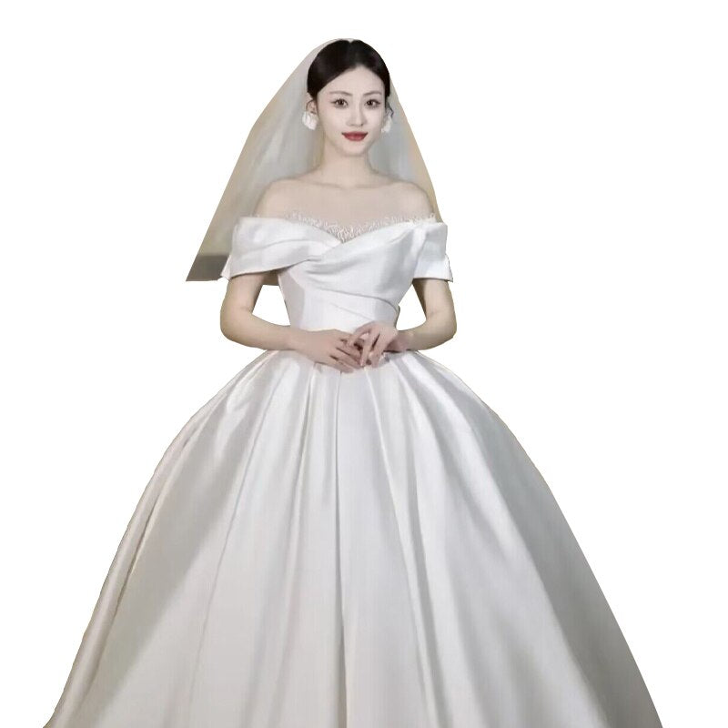 Simple Off The Shoulder Satin Wedding Dress Boat Neck