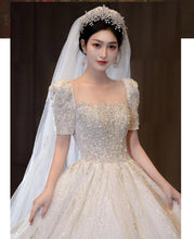 Load image into Gallery viewer, Short Sleeve Beading Wedding Dress Big Train Bride Dresses Tuller Ball Gown
