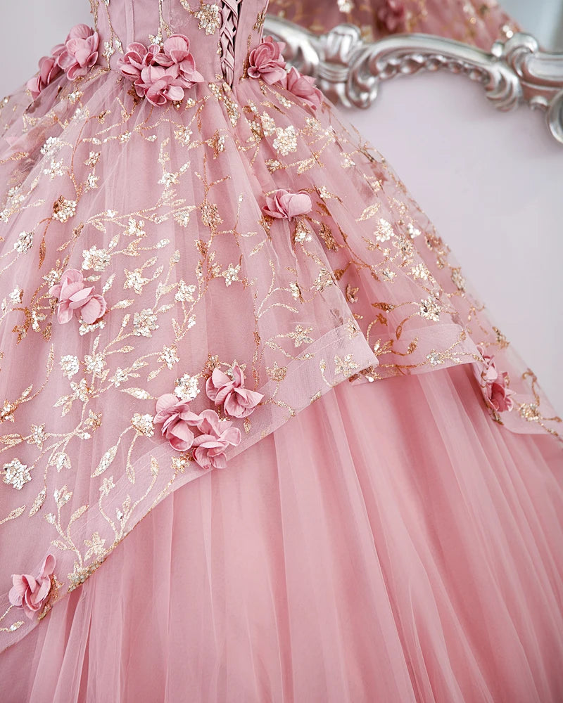 3D Flowers Sweetheart Garden Pink Quinceanera Dresses