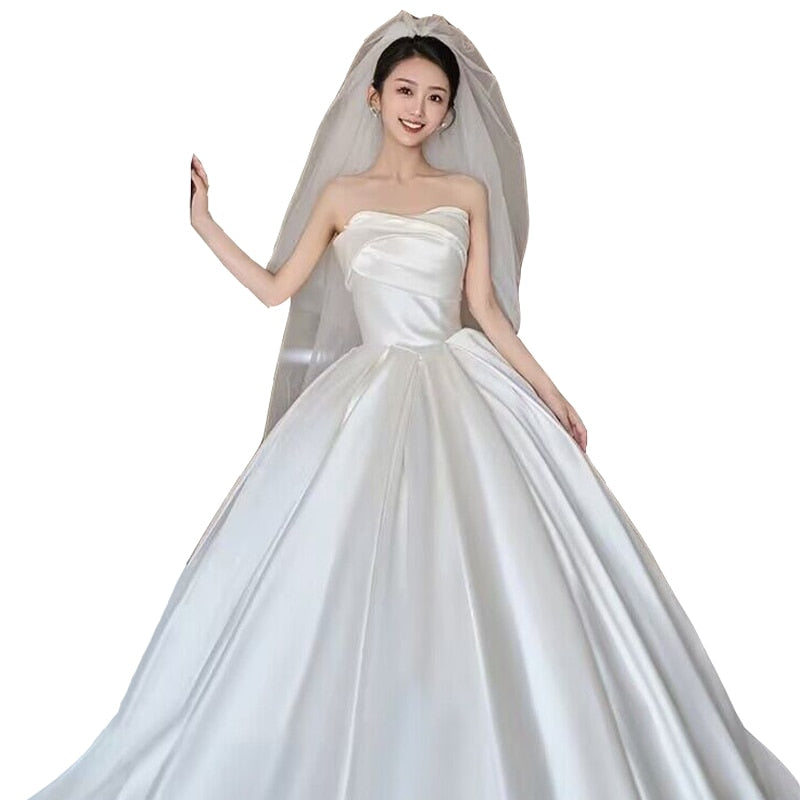 Simple Strapless Satin Wedding Dress Lace Up Train Princess