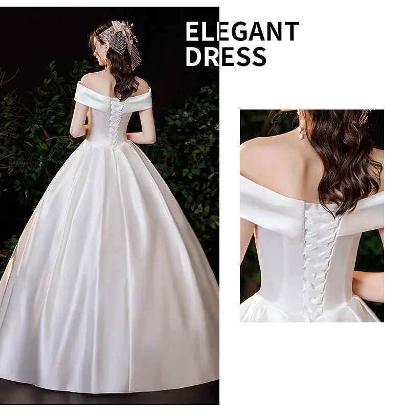 New Satin Wedding Dress Simple Boat Neck Short Sleeve Ball Gown