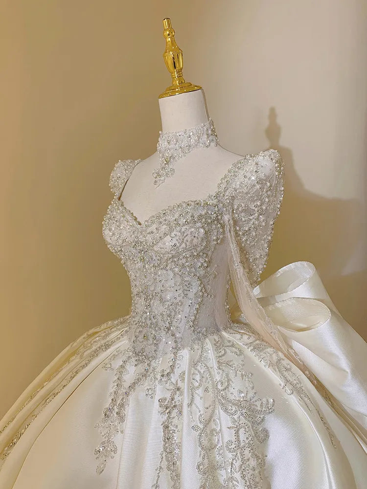 Square Collar Satin Plus Size Custom Lace Up Luxury Bridal Ball Gown Floor Or Train