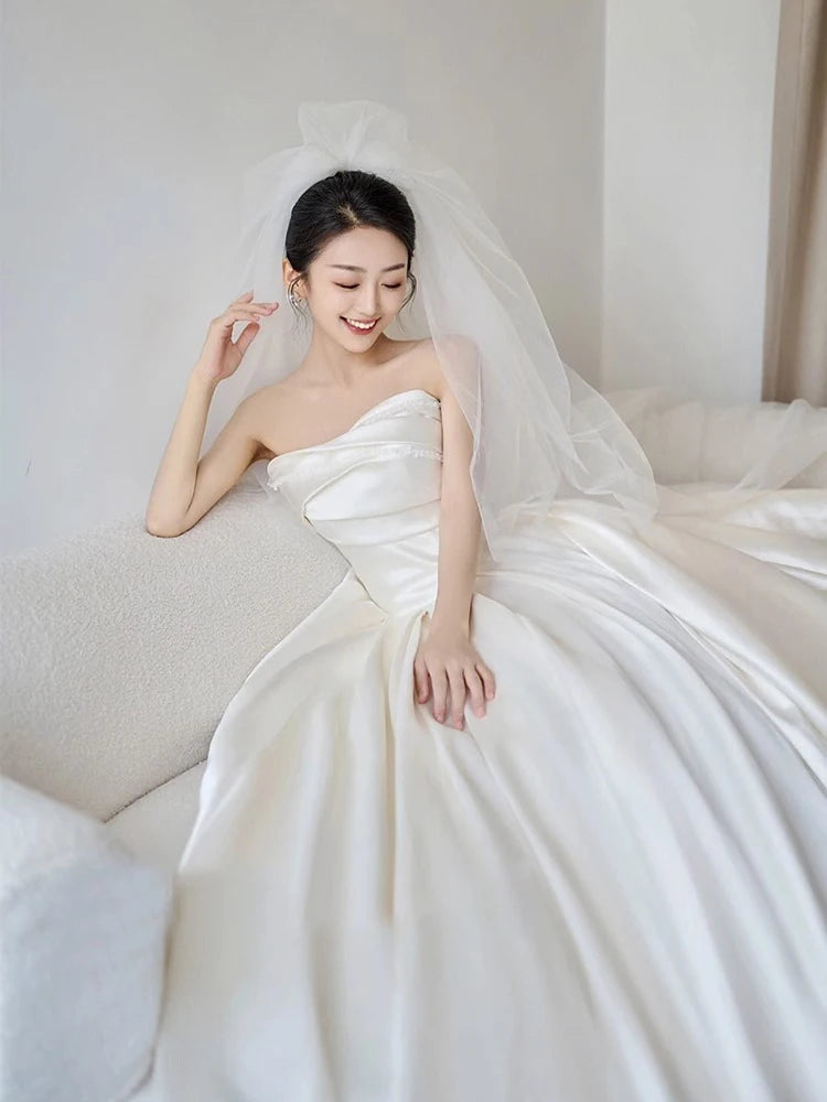 Elegant Satin Ball Gown Wedding Dresses Strapless Court Train