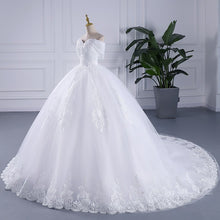 Load image into Gallery viewer, Luxury Tassel Long Train Wedding Gowns Sleeveless Lace Off The Shoulder Sweep Brush Train Lace Up Ball Gown Wedding Dresses
