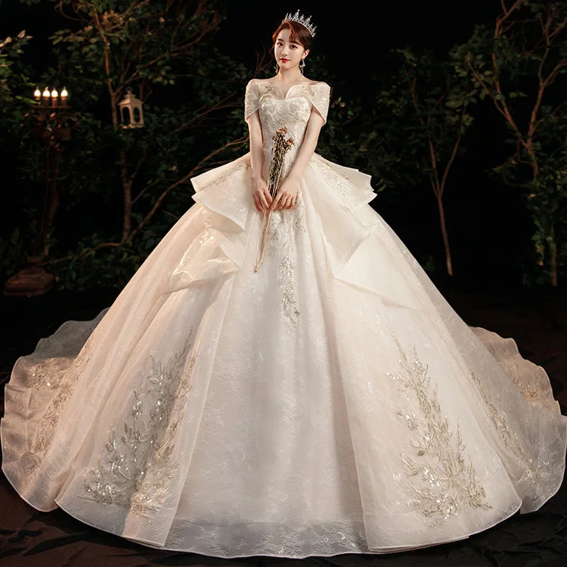 Simple Wedding Dress Off The Shoulder Sweep Train Bridal Dress Lace Embroidery Plus Size Custom Made