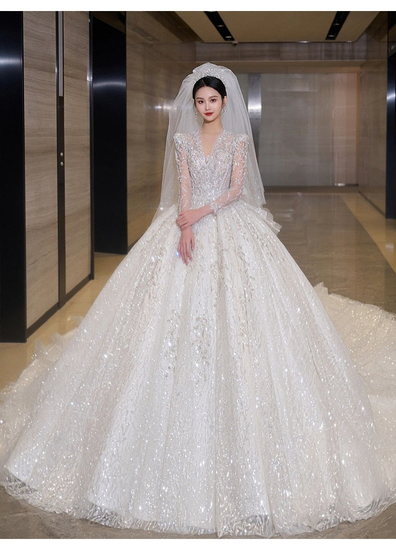 Luxury Glittery Long Sleeve Lace Up Bridal Dress