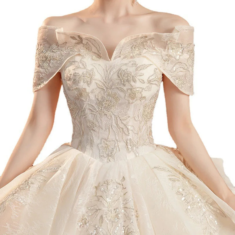 Simple Wedding Dress Off The Shoulder Sweep Train Bridal Dress Lace Embroidery Plus Size Custom Made