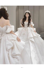Load image into Gallery viewer, Boat Neck Satin Sweep Train Princess Wedding Gown Lace Embroidery
