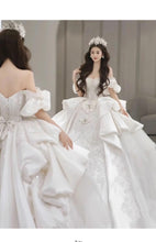 Load image into Gallery viewer, Boat Neck Satin Sweep Train Princess Wedding Gown Lace Embroidery

