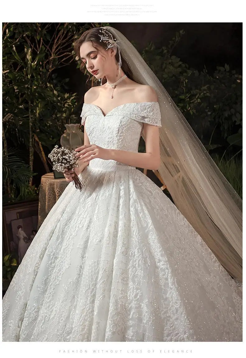 Glitter White Long Lace Sequin Royal Train Bride Gowns
