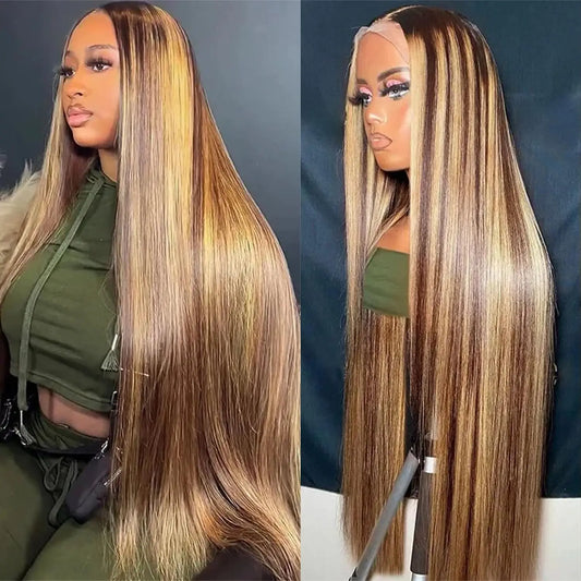 13x6 Highlighted  4/27 Colored Straight Ombre Lace Frontal Wigs Pre Plucked With Baby Hair