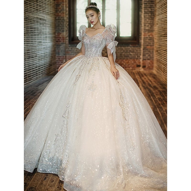 Short Sleeve Embroidered Tulle Ball Gown Wedding Gowns Shinny Princess