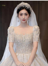 Load image into Gallery viewer, Short Sleeve Beading Wedding Dress Big Train Bride Dresses Tuller Ball Gown
