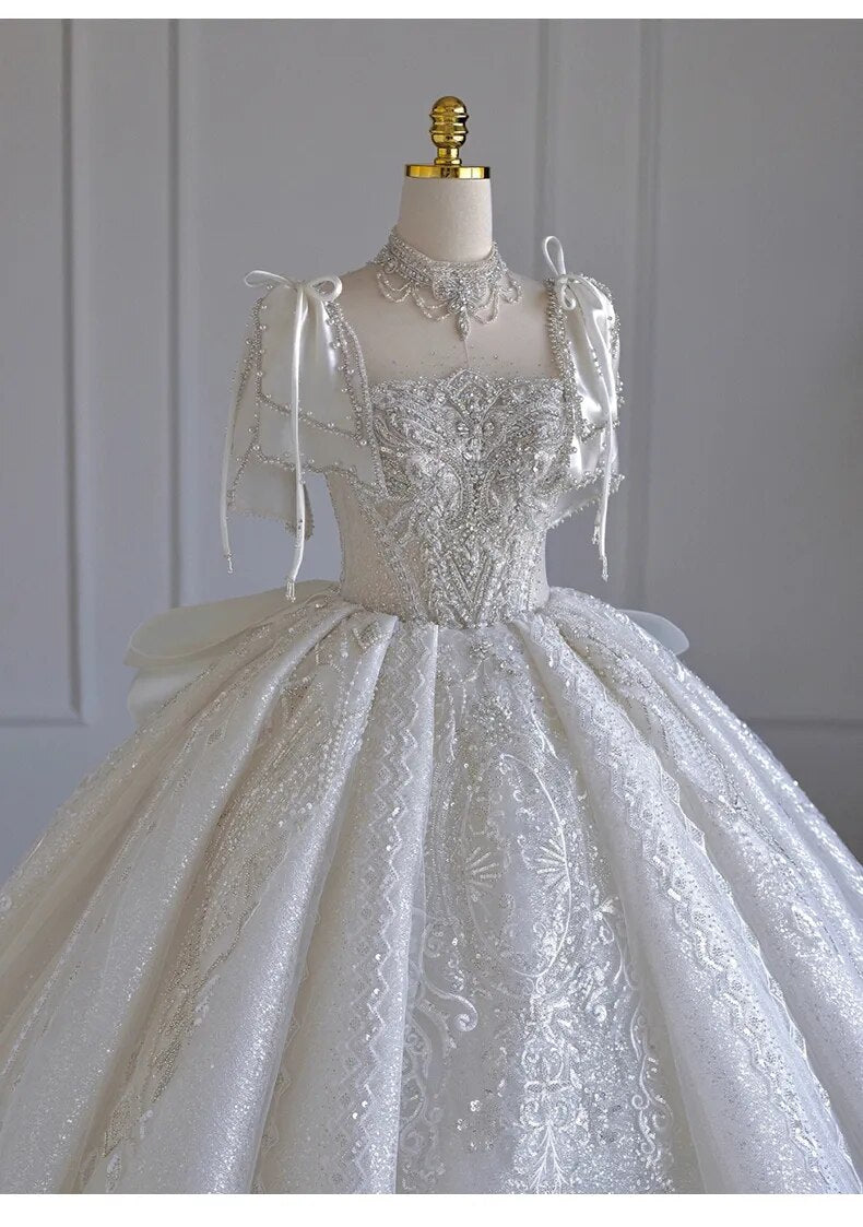 Boat Neck With Pearl Lace Up Bridal Short Sleeve Glittery Flower Satin Wedding Dress