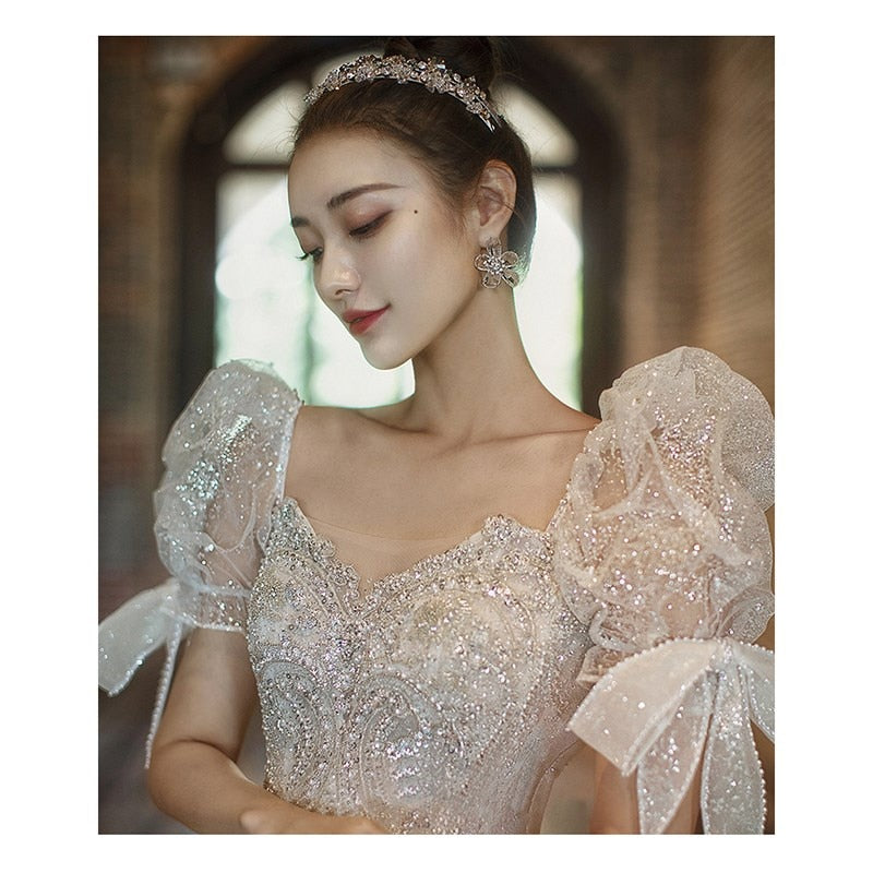 Short Sleeve Embroidered Tulle Ball Gown Wedding Gowns Shinny Princess