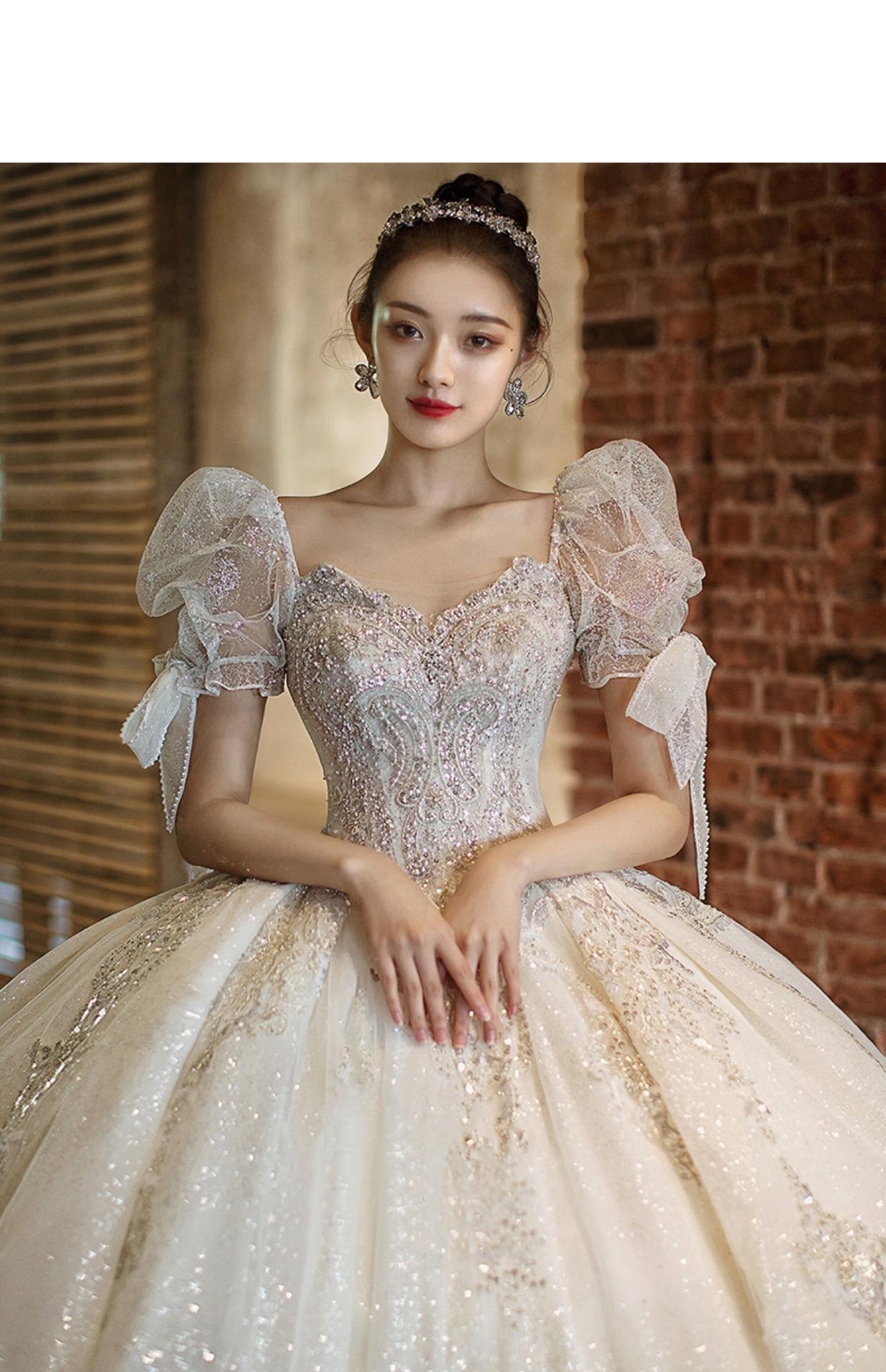 Short Sleeve Embroidered Tulle Ball Gown Wedding Gowns Shinny Princess
