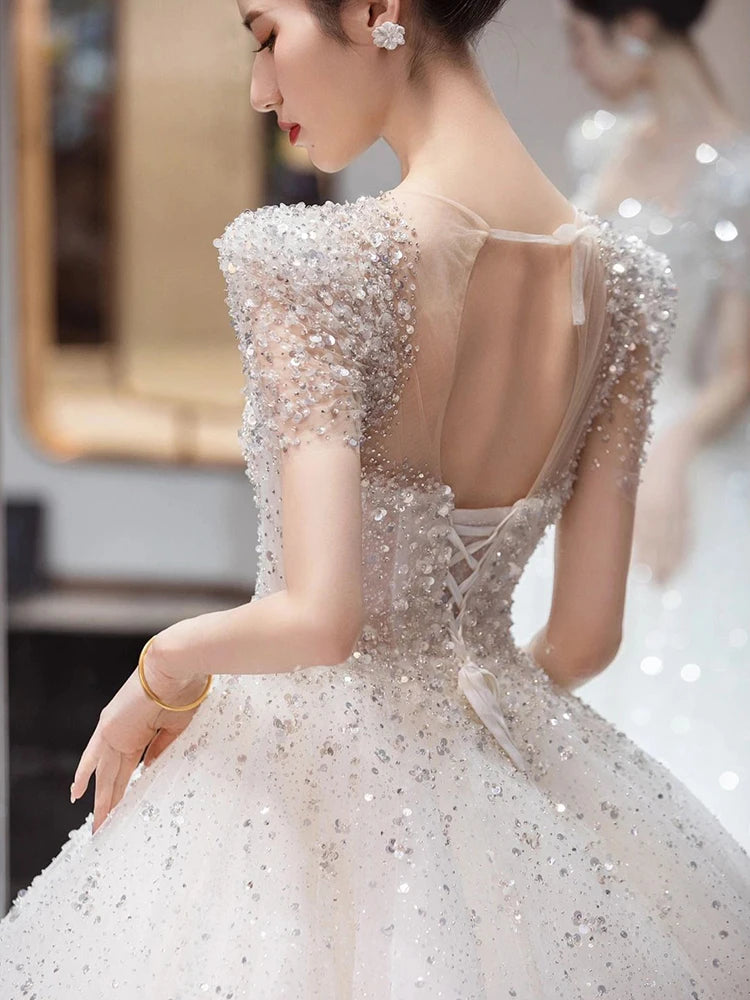 Ball Gown Royal Sweetheart Short Sleeve Lace Beaded Glitter