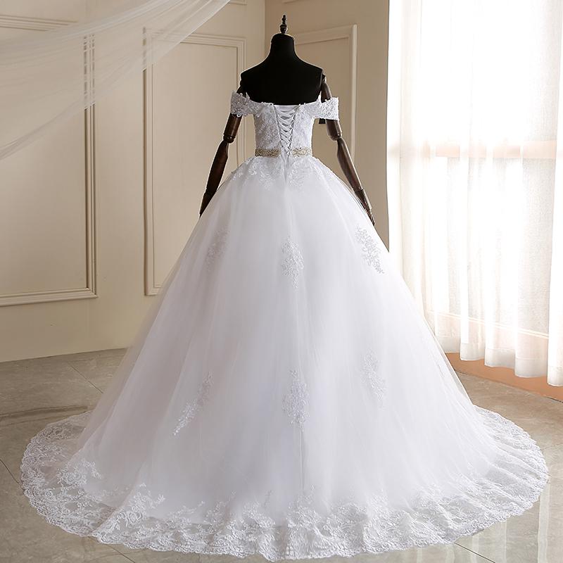 Long Train Ball Gown Belted Bridal Dress Off Shoulder