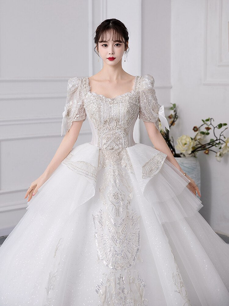 Luxury Short Sleeve With Bow Lace Up Bridal Ball Gown