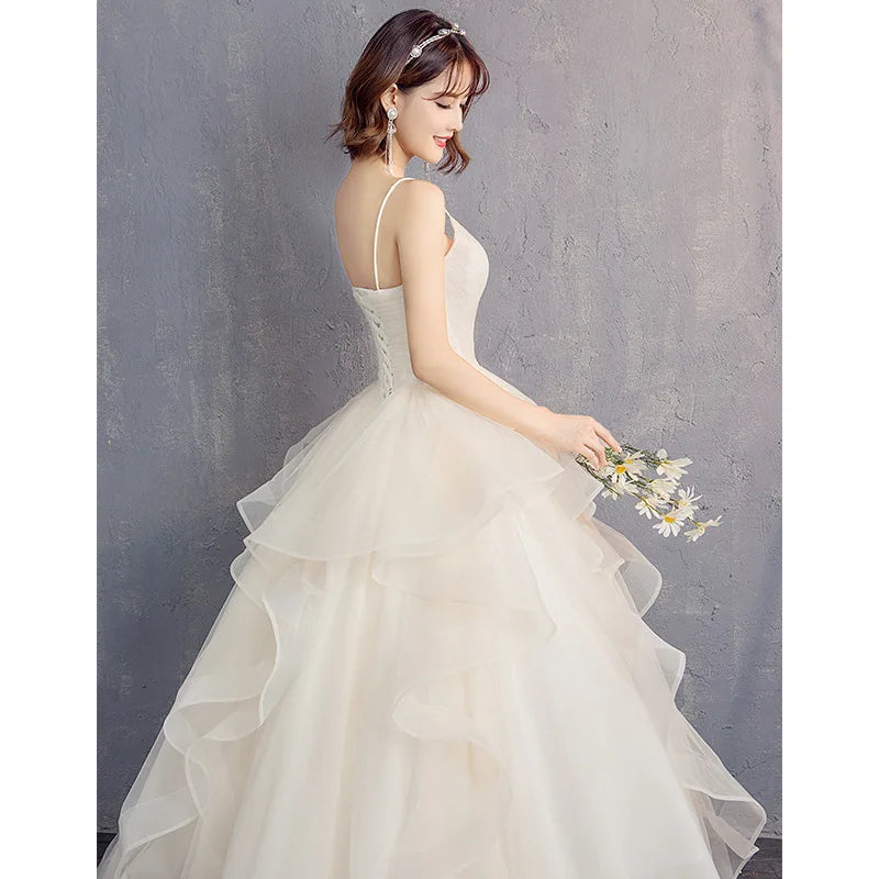 Champagne Ball Gown Women Wedding Dresses Spaghetti Straps