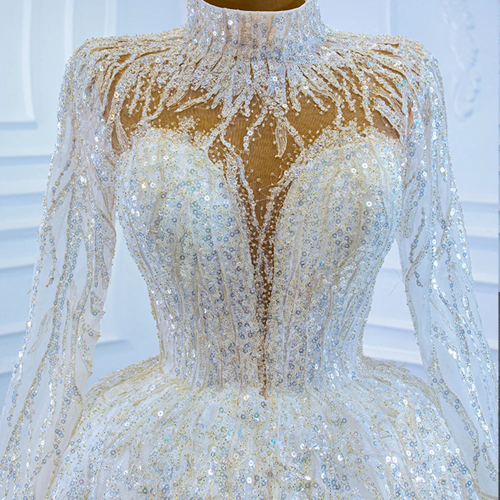 High Neck Sexy Open Back Long Sleeve Shiny Full Beading Sequins A Line Dress