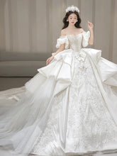 Load image into Gallery viewer, Boat Neck Satin Sweep Train Princess Wedding Gown Lace Embroidery

