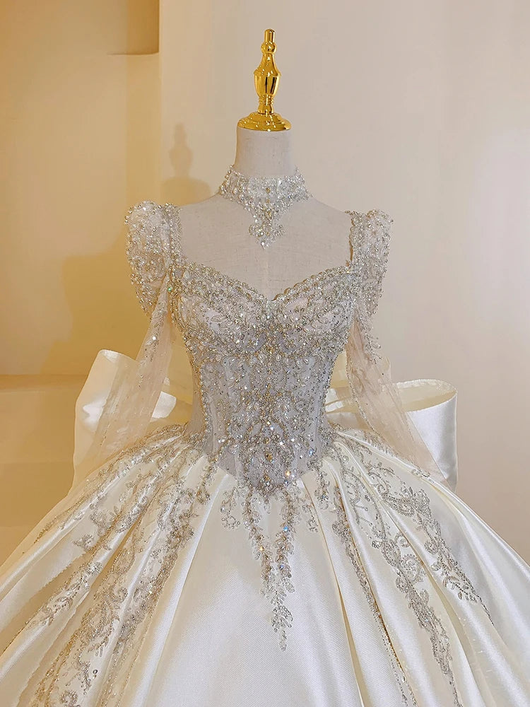 Square Collar Satin Plus Size Custom Lace Up Luxury Bridal Ball Gown Floor Or Train