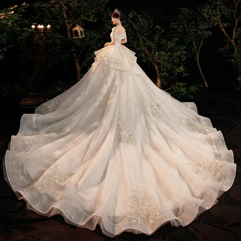 Simple Wedding Dress Off The Shoulder Sweep Train Bridal Dress Lace Embroidery Plus Size Custom Made