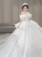 Load image into Gallery viewer, Off The Shoulder Wedding Dress Lace Applique Boat Neck Bridal Dress Ball Gown With A Big Tail
