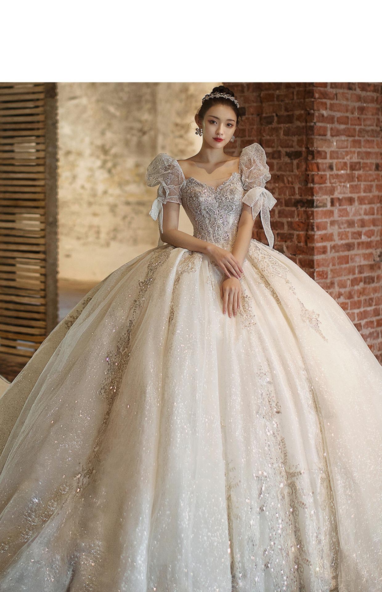 Short Sleeve Embroidered Tulle Ball Gown Wedding Gowns Shinny Princess