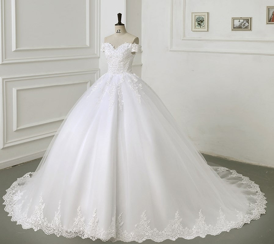 Off The Shoulder Beading Wedding Dress Ball Gown Pearls Bridal Dress