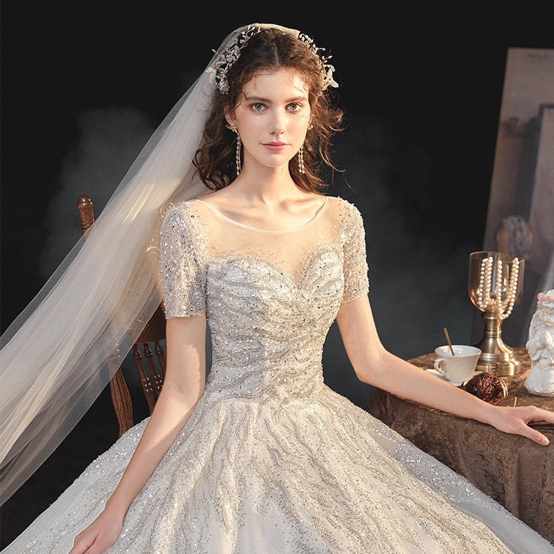 Bridal Dress Sweep Train Back Lace Up Sequins Elegant Wedding Dress