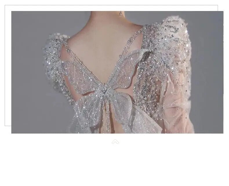 Long Sleeved Bridal Dress Back Up Bow Sweep Train Beading Wedding Gown V-neck