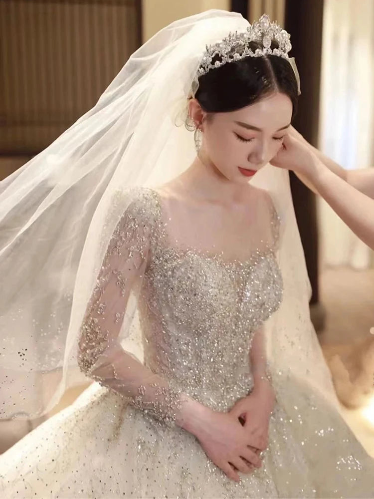 Boat Neck Full Sleeve Lace Applique Bridal Dress Sweep Train