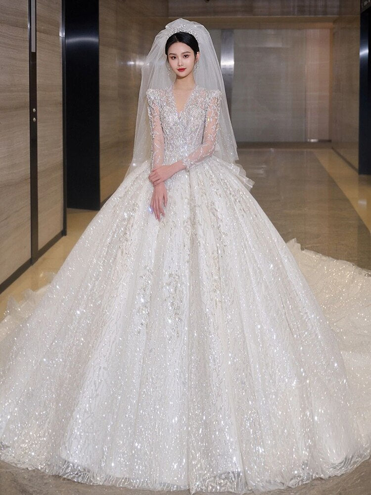 Luxury Glittery Long Sleeve Lace Up Bridal Dress