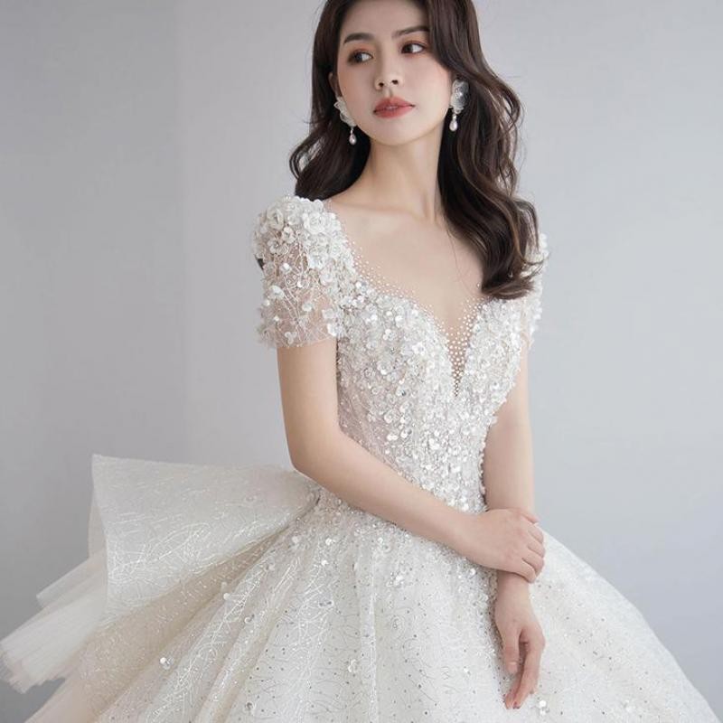Handmade Luxury Shining Sequins Princess Ball Gown With Sweep Train Vintage