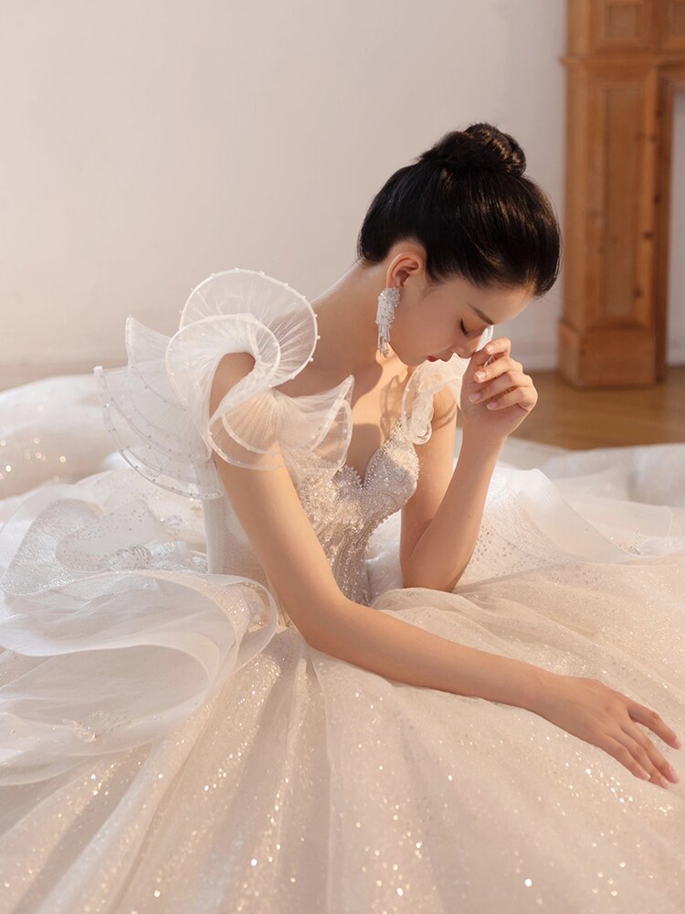 Luxury Sling Wedding Dress Boat Neck Glittery Pearls Lace Dress