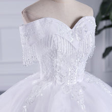 Load image into Gallery viewer, Luxury Tassel Long Train Wedding Gowns Sleeveless Lace Off The Shoulder Sweep Brush Train Lace Up Ball Gown Wedding Dresses

