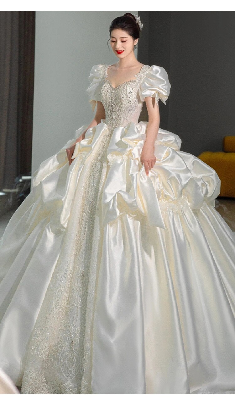 Satin Wedding Dress Lace Beading Shinny Lantern Sleeve Bridal Dress