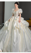Load image into Gallery viewer, Satin Wedding Dress Lace Beading Shinny Lantern Sleeve Bridal Dress
