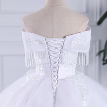 Load image into Gallery viewer, Luxury Tassel Long Train Wedding Gowns Sleeveless Lace Off The Shoulder Sweep Brush Train Lace Up Ball Gown Wedding Dresses
