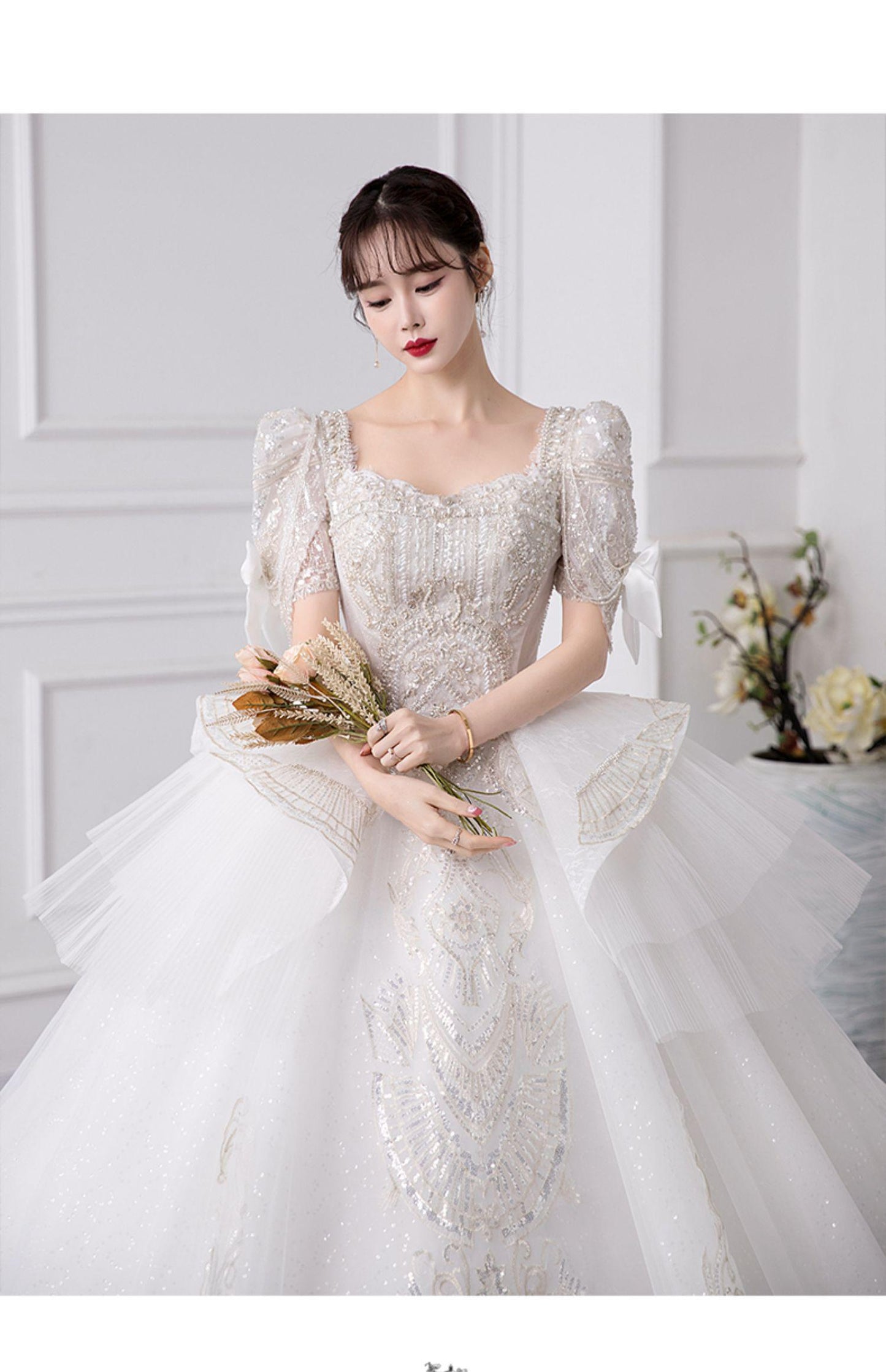 Luxury Short Sleeve With Bow Lace Up Bridal Ball Gown