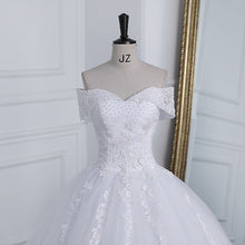 Load image into Gallery viewer, Off The Shoulder Plus Size Lace Wedding Dress Long Train Appliqes Pearls Bridal Tulle
