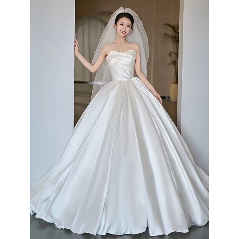 Simple Strapless Satin Wedding Dress Lace Up Train Princess
