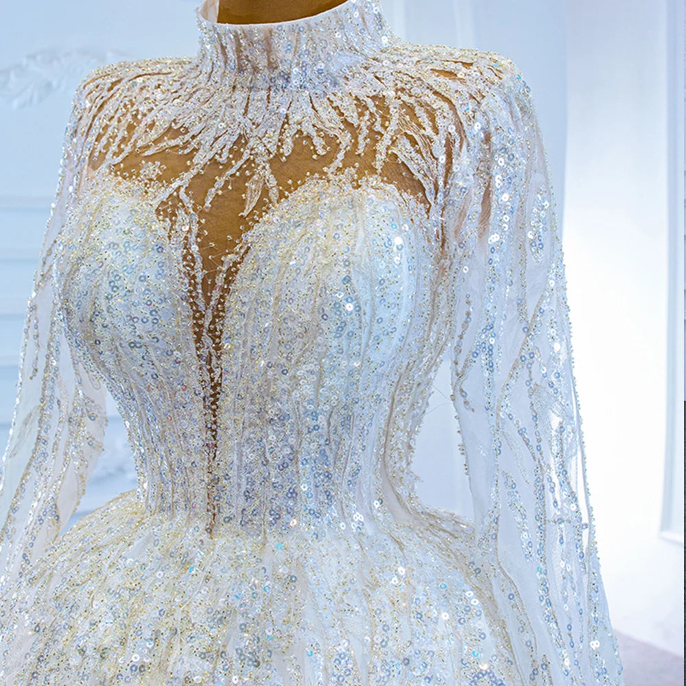 High Neck Sexy Open Back Long Sleeve Shiny Full Beading Sequins A Line Dress