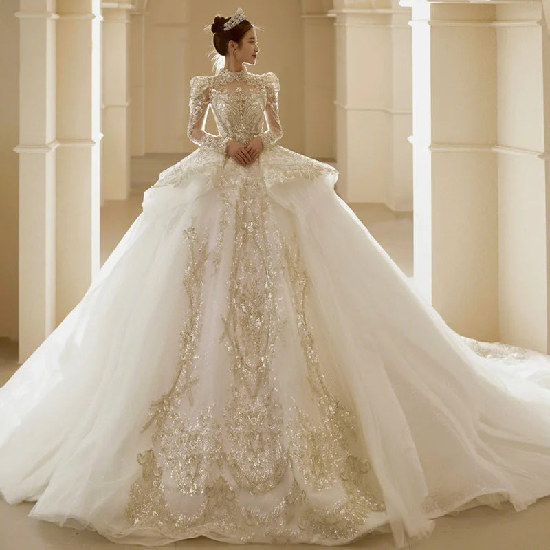 Bridal veil Long Sleeve shining sequin trailing French Luxury gown